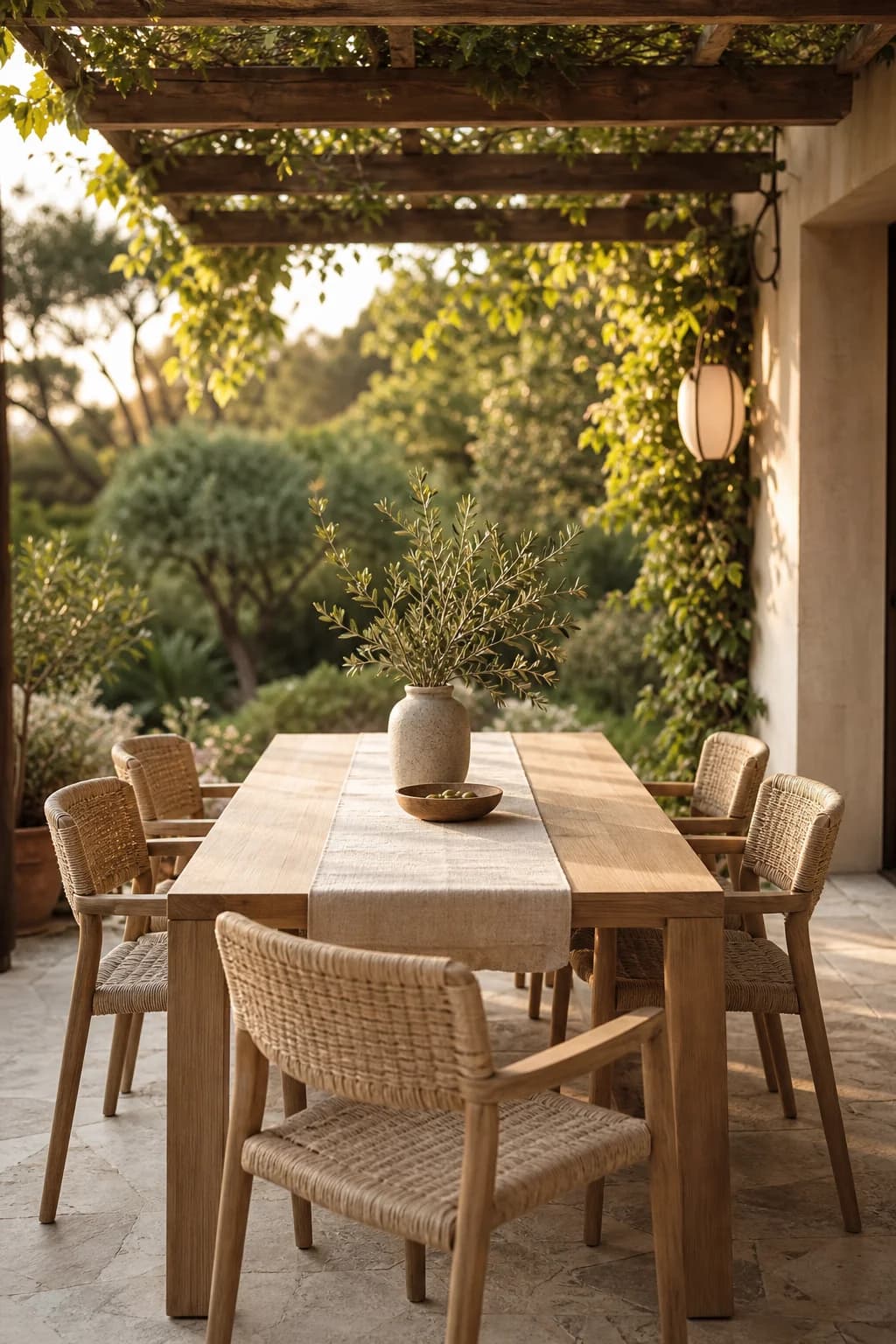 An outdoor dining table set under a pergola at golden hour