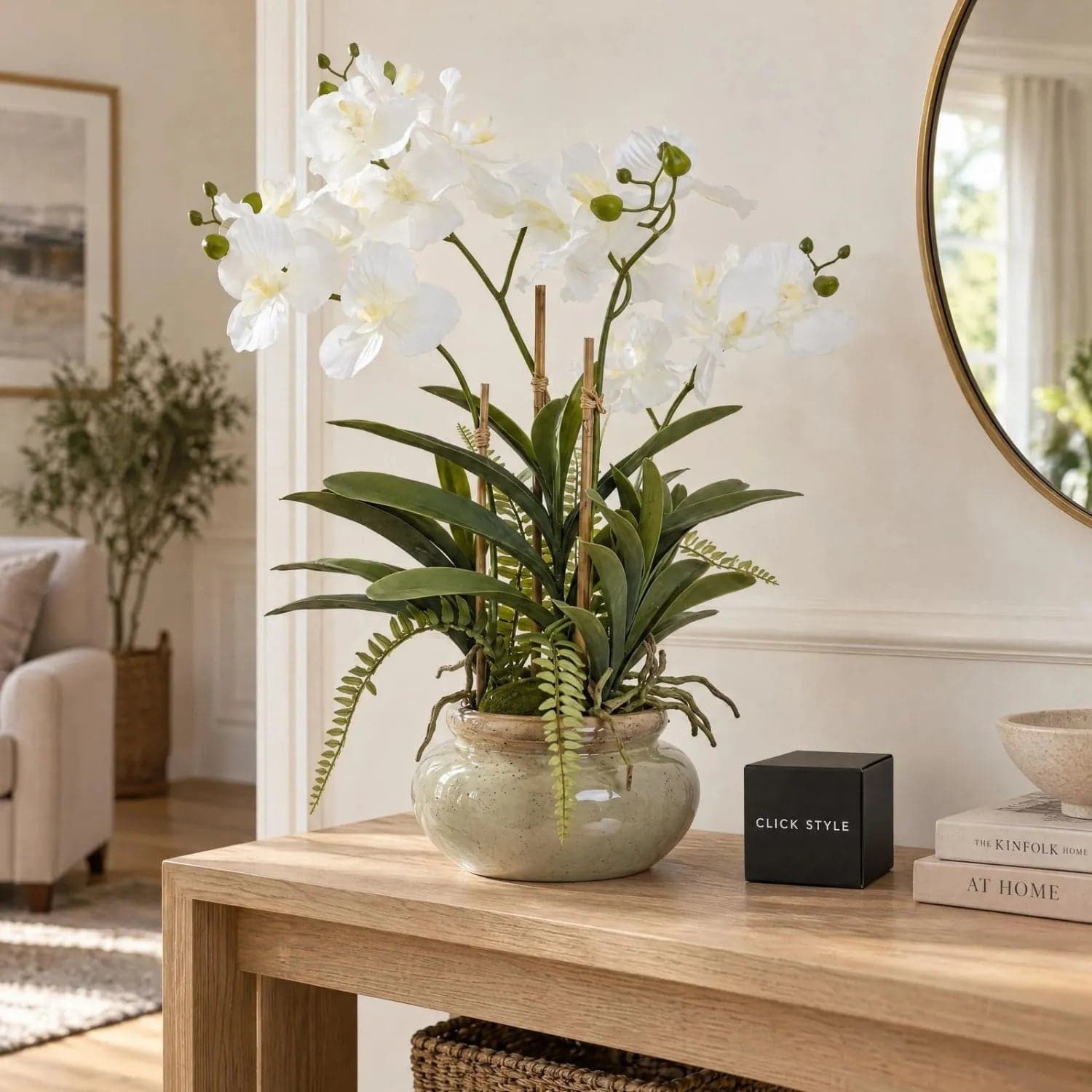 Artificial White Orchid Plant with Fern Foliage & Aerial Roots in Sage Green Glazed Ceramic Pot – Realistic Potted Faux Orchid Arrangement 68x75x56cm