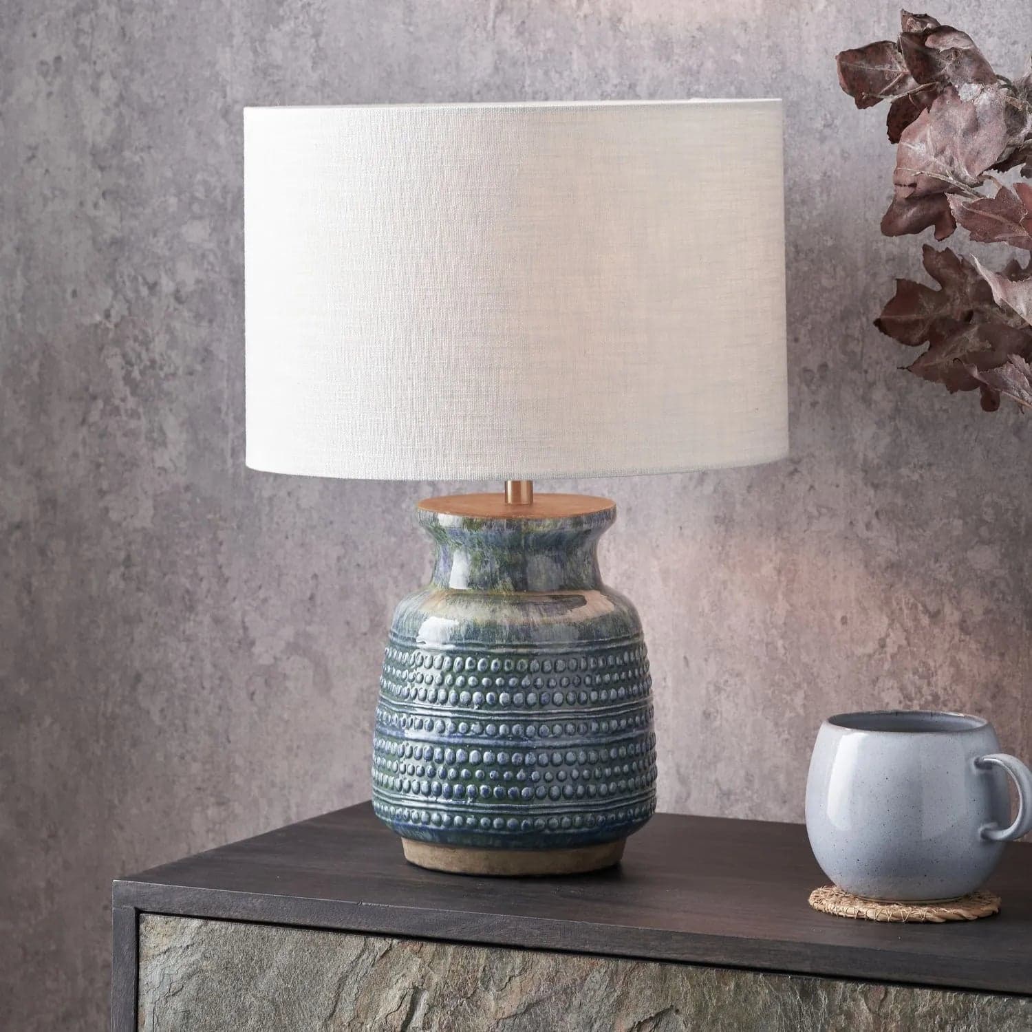 Rustic Blue & Green Glazed Artisan Ceramic Table Lamp with 30cm White Self-Lined Linen Drum Shade – Handmade Stoneware Dot Design Vase-Shaped Light 44x30x30cm