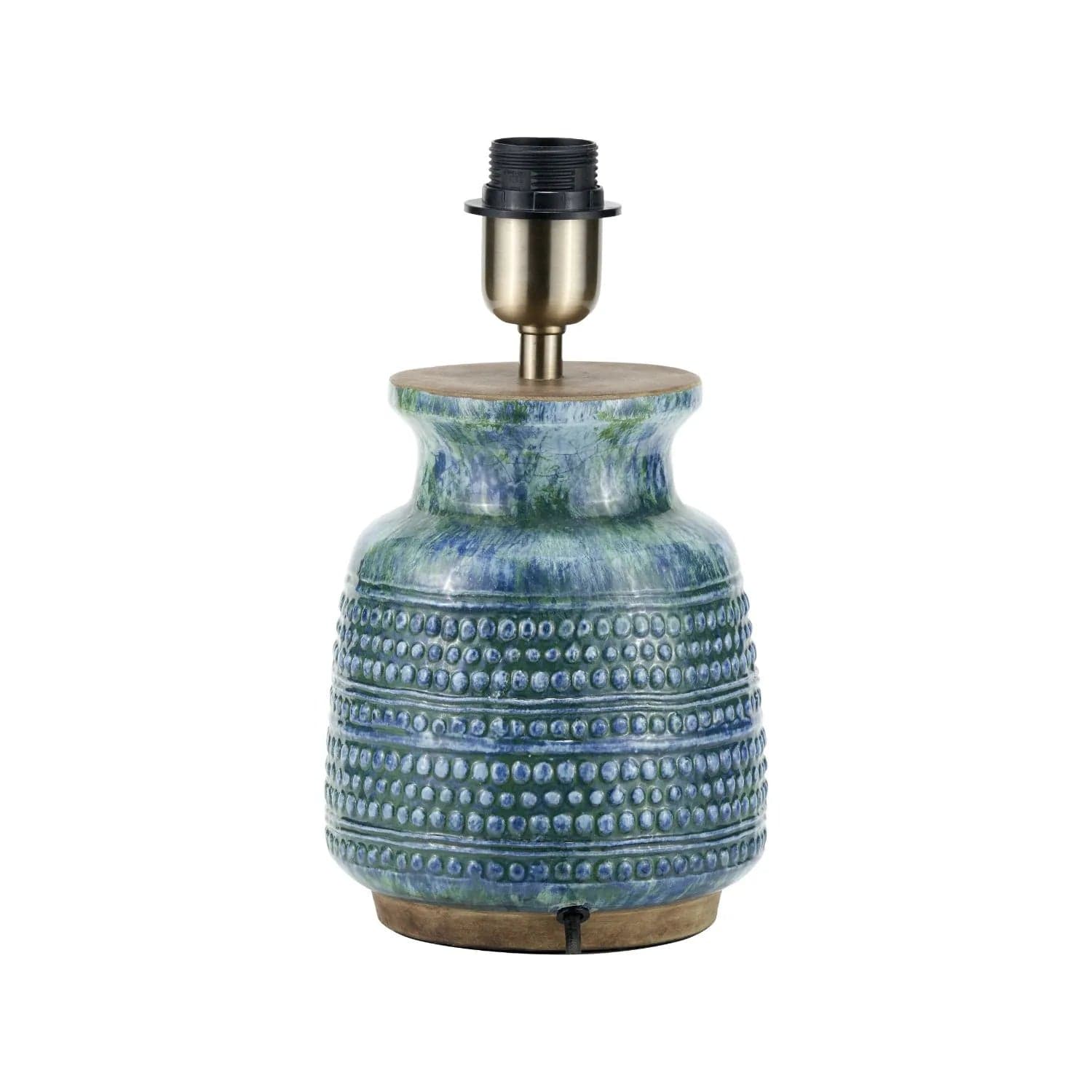 Rustic Blue & Green Glazed Artisan Ceramic Table Lamp Base with Dot Design – Handmade Stoneware Tapered Vase-Shaped Light Base 28x15x15cm