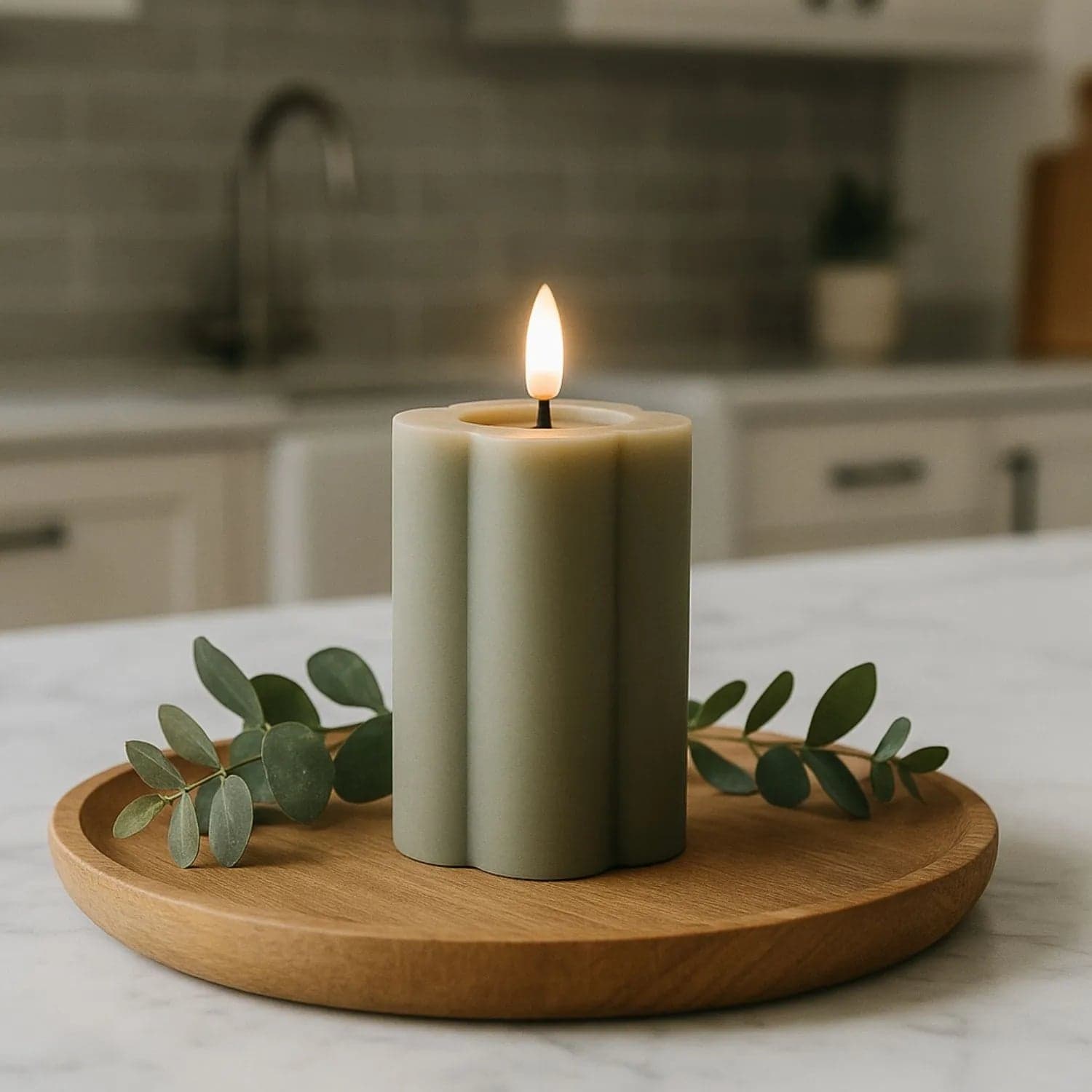 Medium Grey-Sage Scalloped Real Wax LED Flameless Pillar Candle with Realistic Flickering Flame – Battery Operated Decorative Light 12x7x7cm
