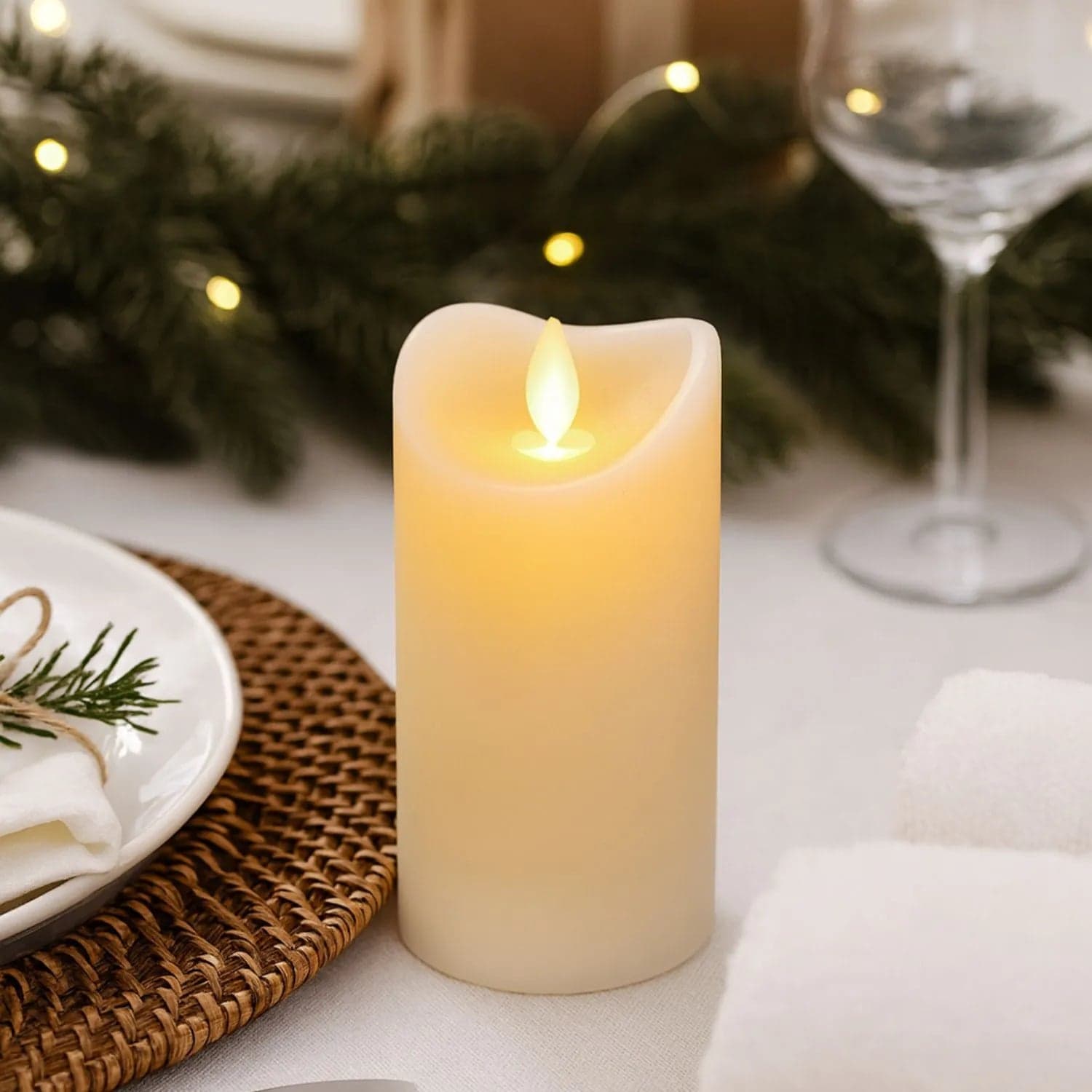 Medium Cream Melted-Effect Real Wax LED Flameless Pillar Candle with Flickering Flame – Battery Operated Decorative Light 12x7x7cm